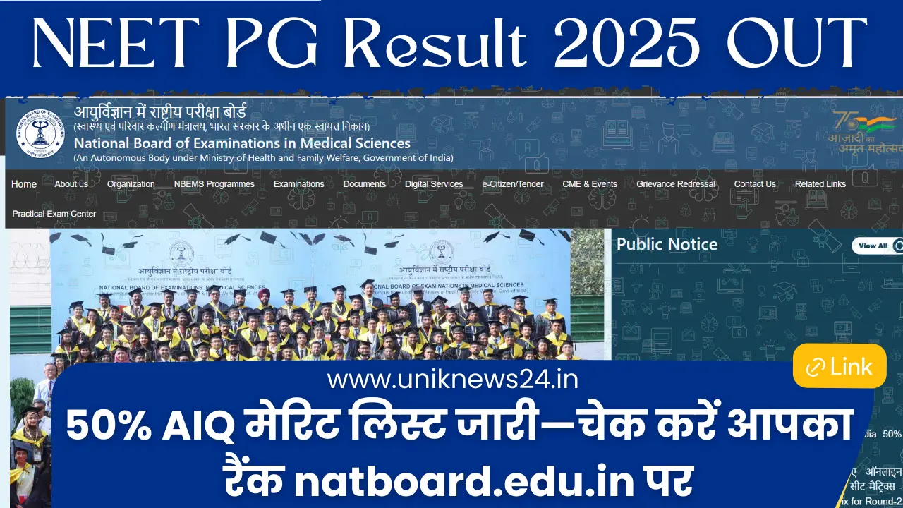 NEET PG Result 2025 OUT: 50% AIQ मेरिट लिस्ट जारी—चेक करें आपका रैंक natboard.edu.in पर