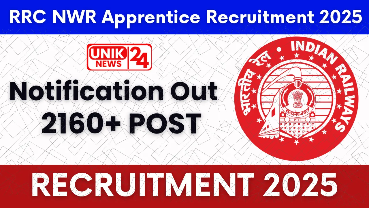 RRC NWR Apprentice Recruitment 2025 में 2162 पद, 3 अक्टूबर से फॉर्म—फीस, उम्र सीमा, योग्यता जानें